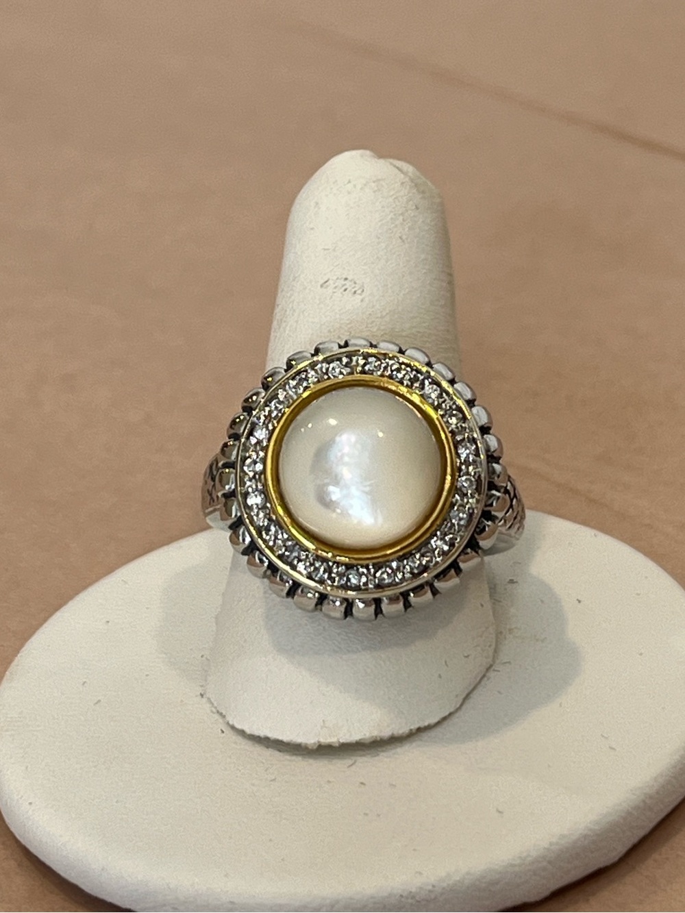 Two-Tone Woven Cable Ring with White Dome Cabochon & Pave Halo Size 8